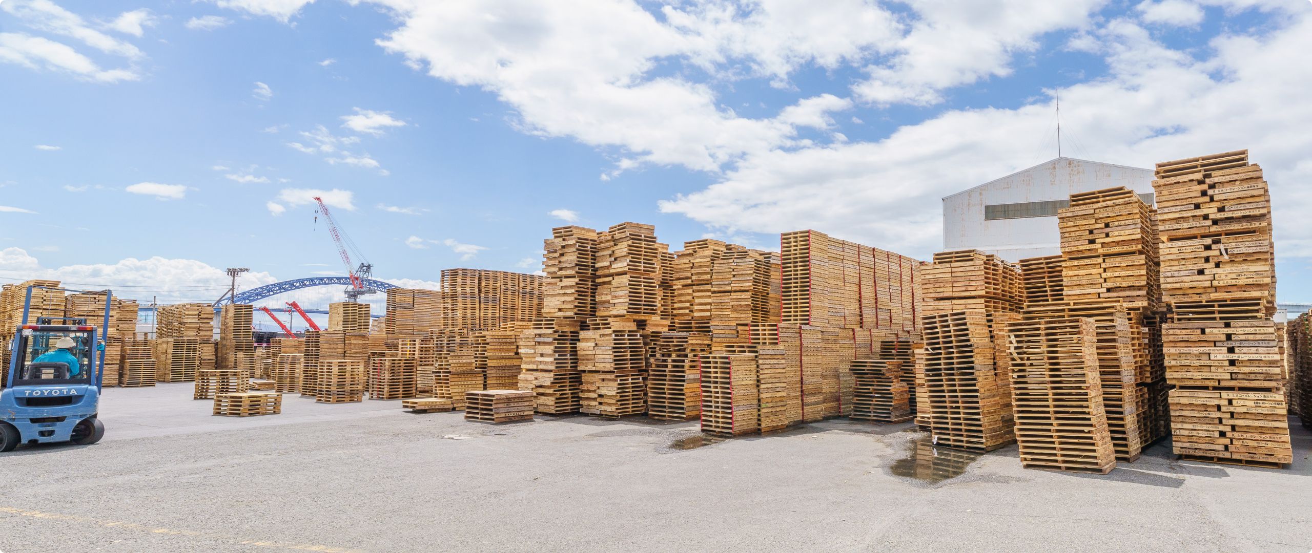 屋外に積まれたパレットとフォークリフト